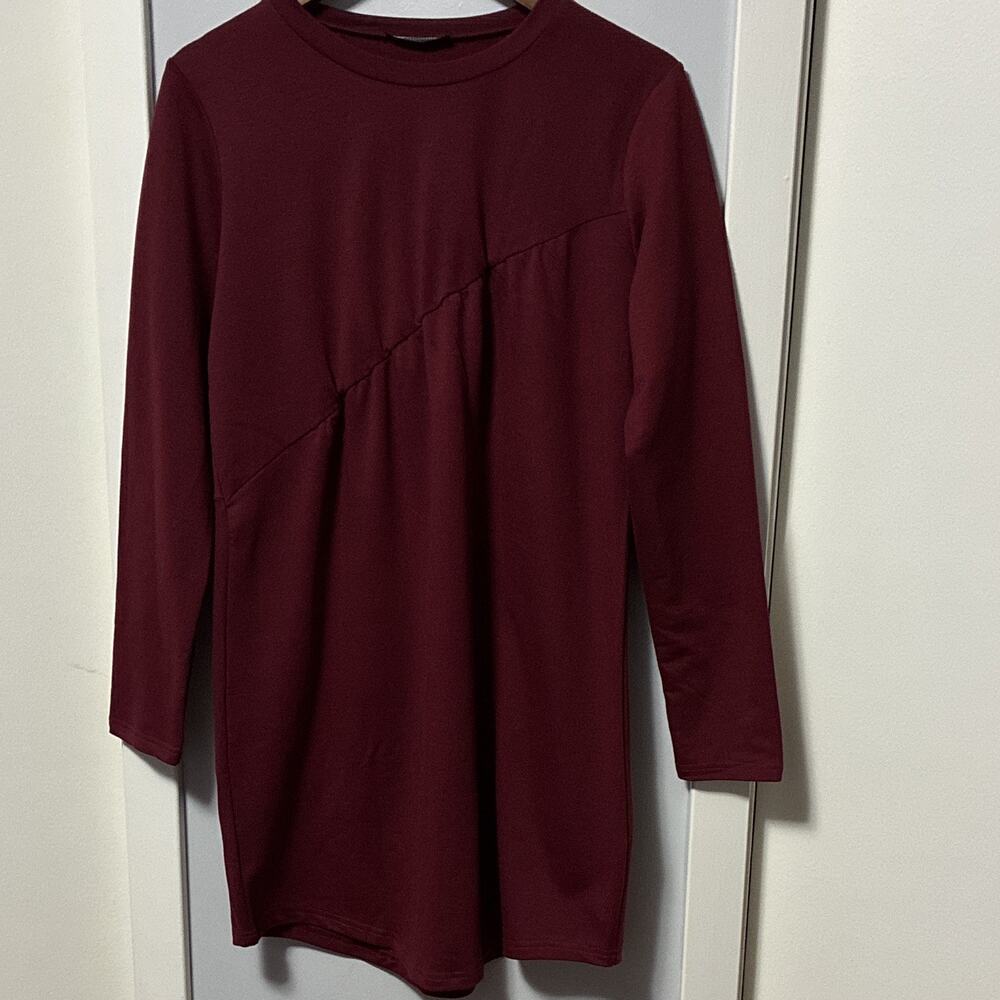 PRETTYGARDEN Burgundy Tunic Dress Long Sleeve Ruched Asymmetric Sz M Minimalist
